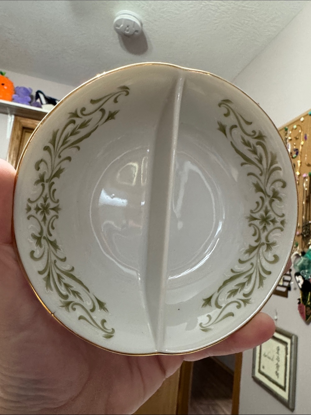 Japan Fine China Divided Serving Bowl with Gold Trim and Green Scrollwork